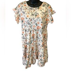 White & Peach Floral Tiered Ruffle Sleeve Dress Short Sleeve,   Women’s Size s